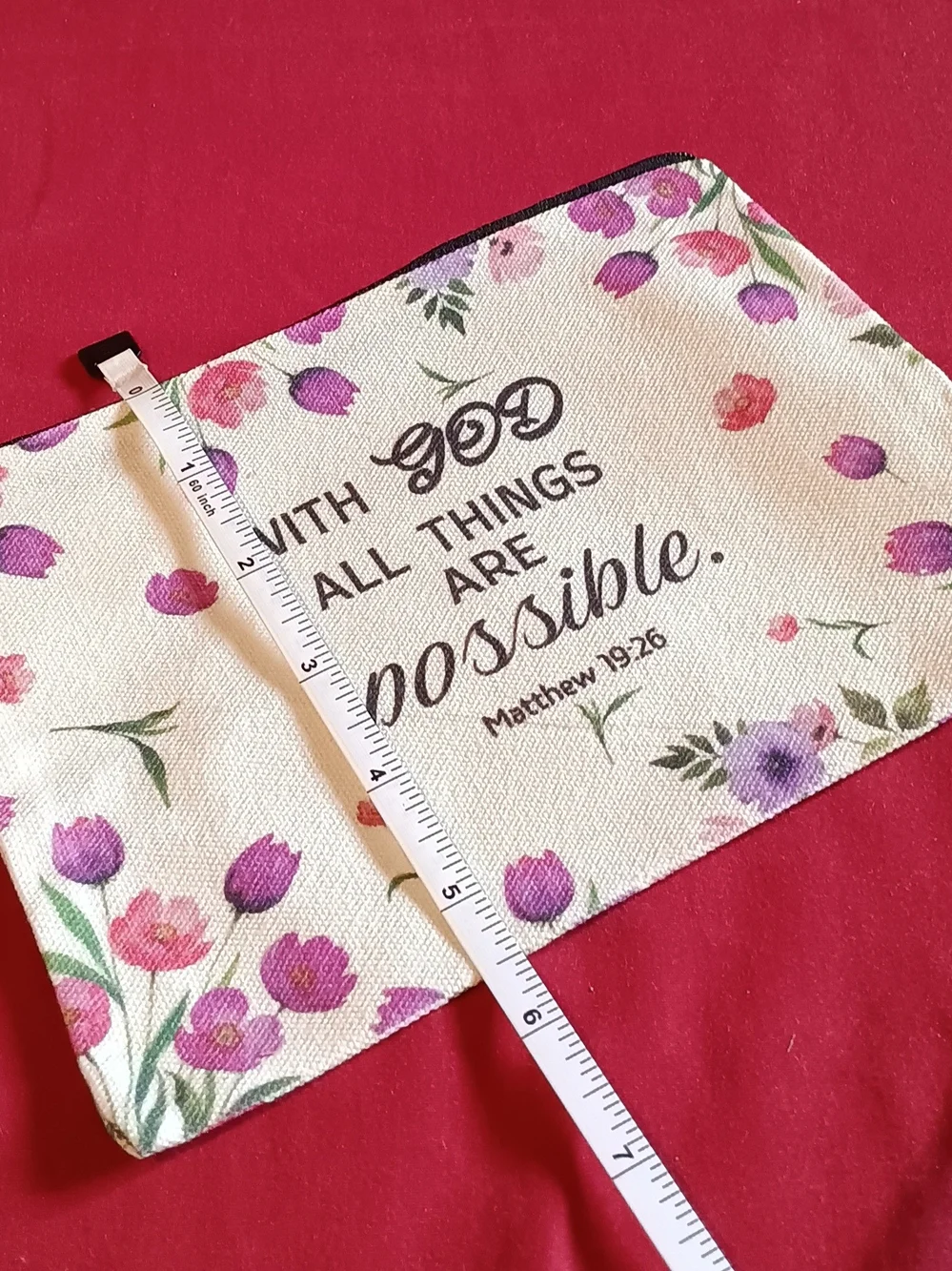 Inspirational Floral Canvas Makeup Pouch - Cream with Pink & Purple Flowers